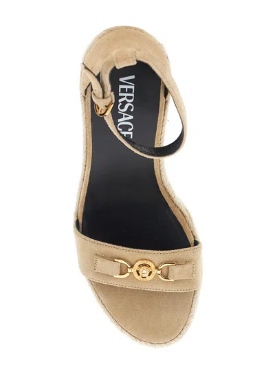 Versace Beige Wedges With Adjustable Buckle Closure And Medusa Plaque On The Front In Leather Woman In Neutral