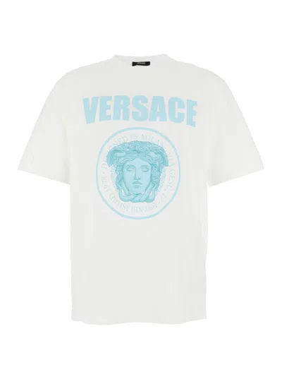 Versace White Crewneck T-shirt With Maxi Logo Print On The Front In Cotton Man
