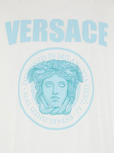 Versace White Crewneck T-shirt With Maxi Logo Print On The Front In Cotton Man