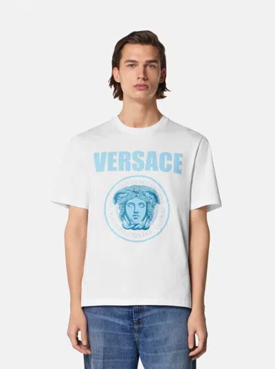 Versace White Crewneck T-shirt With Maxi Logo Print On The Front In Cotton Man