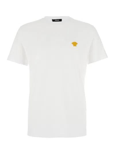 Versace White Crewneck T-shirt With Medusa Embroidery On The Front In Cotton Man