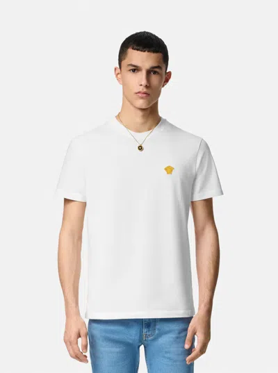 Versace White Crewneck T-shirt With Medusa Embroidery On The Front In Cotton Man
