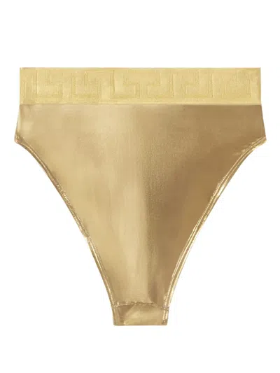 Versace Women Greca Border Bikini Bottoms With Metallic Finish In Gold