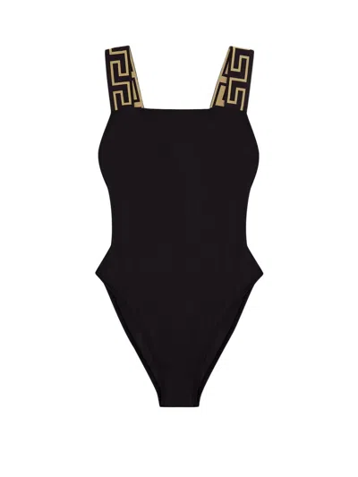 Versace Black One-piece Swimsuit With Greca Detail In Stretch Polyamide Woman In Black