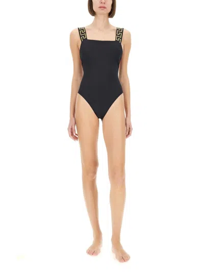 Versace Black One-piece Swimsuit With Greca Detail In Stretch Polyamide Woman In Black