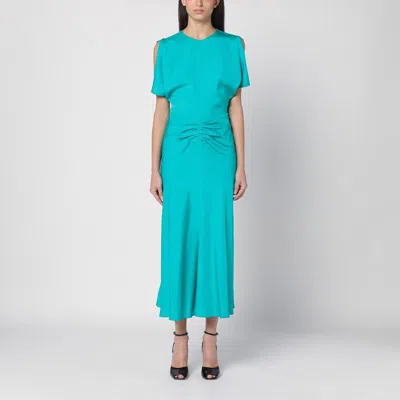 Victoria Beckham Peacock Colour Midi Dress With Hooded Sleeves