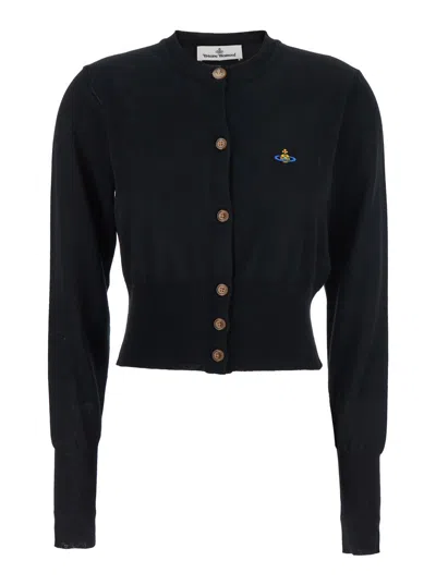 Vivienne Westwood Bea Black Cropped Cardigan With Round Neck And Front Orb Embroidery In Cotton Woman