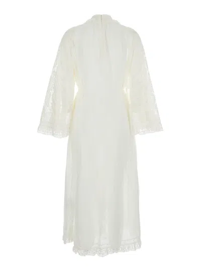 Zimmermann 'ascension Lace Yoke' White Midi Dress With Lace Embellishment And Stand-up Collar In Ram
