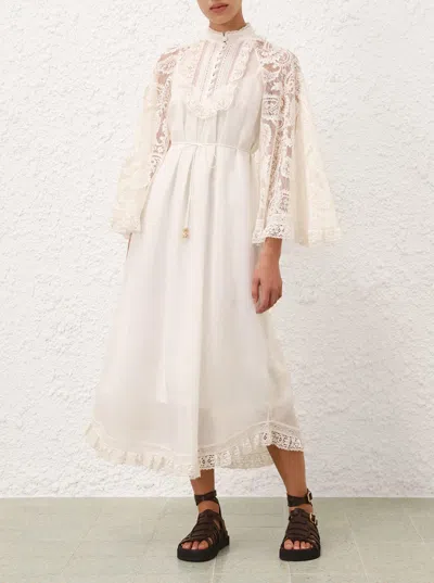 Zimmermann 'ascension Lace Yoke' White Midi Dress With Lace Embellishment And Stand-up Collar In Ram