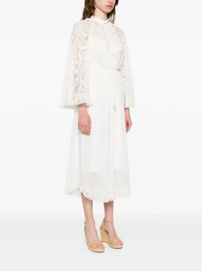 Zimmermann 'ascension Lace Yoke' White Midi Dress With Lace Embellishment And Stand-up Collar In Ram