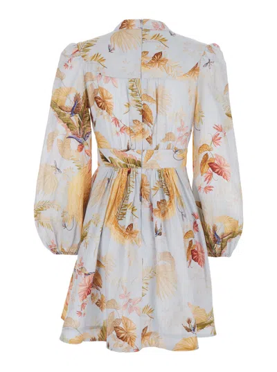 Zimmermann Ascension Light Blue Mini Dress With Flared Skirt And All-over Print In Linen Woman