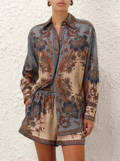 Zimmermann Womens Blue Cream Indienne Ascension Manstyle Graphic-pattern Silk Shirt In Green