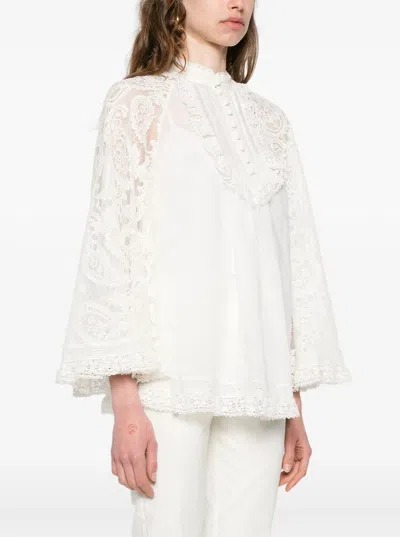 Zimmermann Ascension White Blouse With Lace Panels And Scallop Hem In Ramie Woman