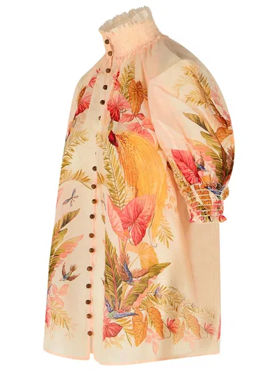 Zimmermann 'billow' Ramie Puff Sleeves Blouse In 'cream Palm Floral'