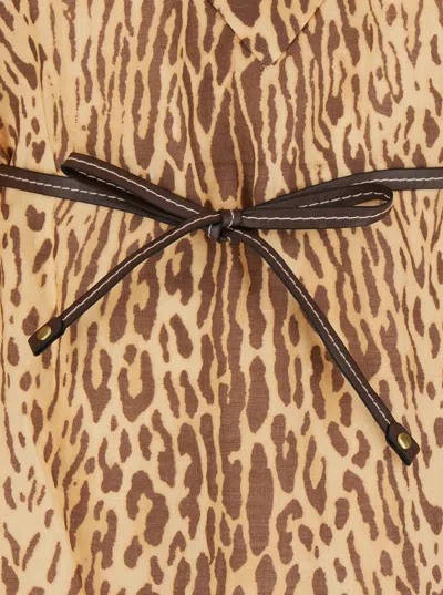 Zimmermann Cascadian Beige Tunic Dress With Stand-up Collar And All-over Leopard Print In Linen Woman