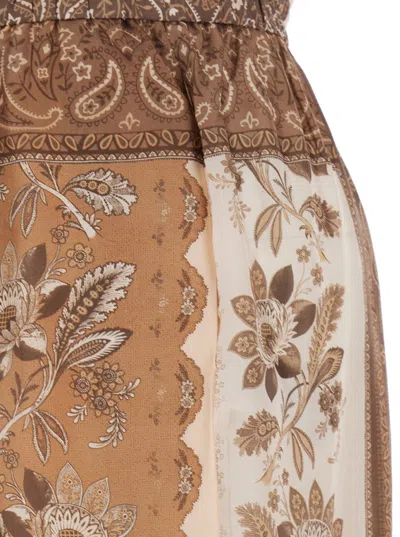 Zimmermann Lucky Brown Pants With Elastic Drawstring Waist And All-over Floral Print In Silk Woman In Brown
