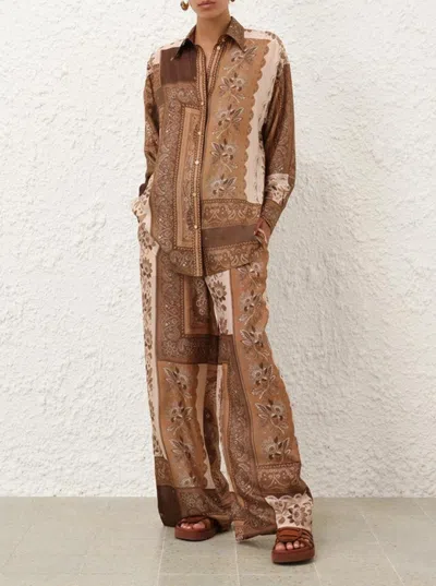 Zimmermann Lucky Brown Pants With Elastic Drawstring Waist And All-over Floral Print In Silk Woman In Brown