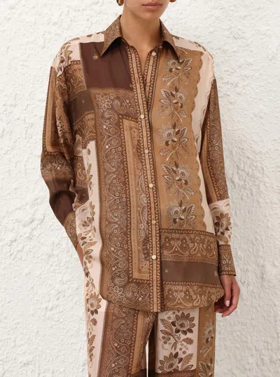 Zimmermann Lucky Brown Shirt With Classic Collar And All-over Floral Print In Silk Woman