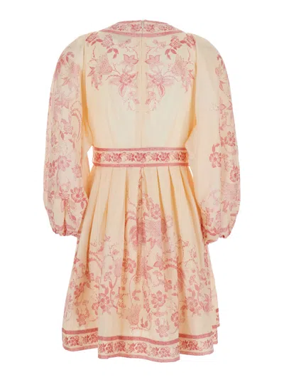 Zimmermann Lucky Pink Mini Dress With V Neck And All-over Floral Print In Linen Woman