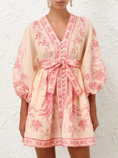 Zimmermann Lucky Pink Mini Dress With V Neck And All-over Floral Print In Linen Woman