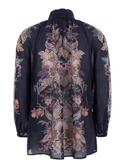 Zimmermann Rhiannon Billow Blue Blouse With High Neck And All-over Paisley Print In Ramie Woman