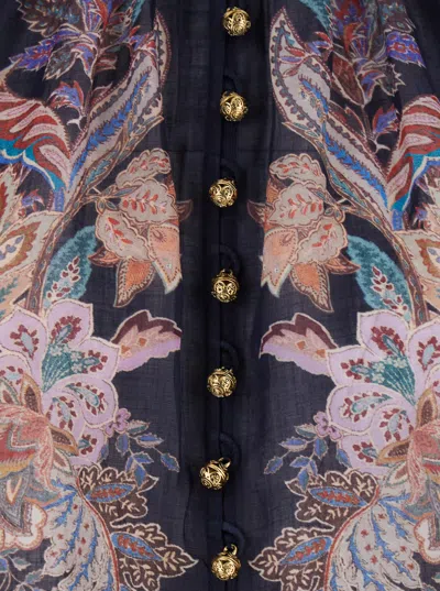 Zimmermann Rhiannon Billow Blue Blouse With High Neck And All-over Paisley Print In Ramie Woman