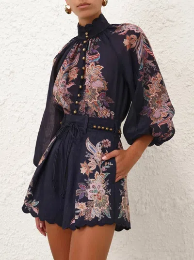 Zimmermann Rhiannon Billow Blue Blouse With High Neck And All-over Paisley Print In Ramie Woman