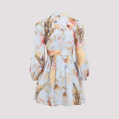 Zimmermann Ascension Light Blue Mini Dress With Flared Skirt And All-over Print In Linen Woman