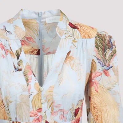 Zimmermann Ascension Light Blue Mini Dress With Flared Skirt And All-over Print In Linen Woman