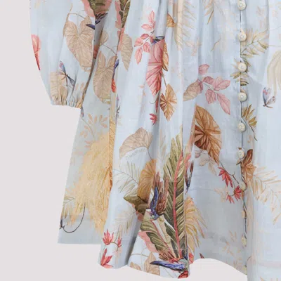 Zimmermann Ascension Light Blue Mini Dress With Flared Skirt And All-over Print In Linen Woman