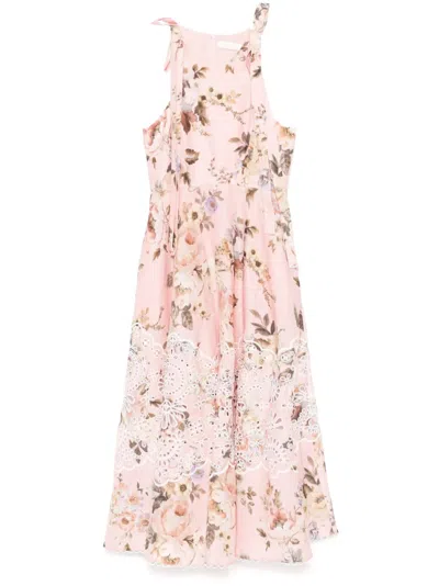 Zimmermann Acacia Broderie Anglaise Linen Midi Dress In Pink