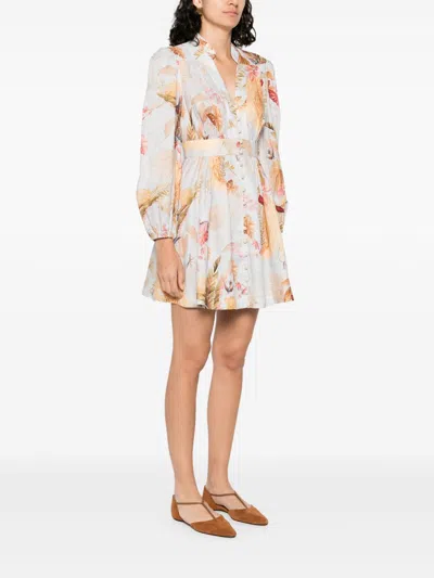 Zimmermann Ascension Light Blue Mini Dress With Flared Skirt And All-over Print In Linen Woman