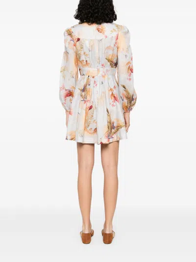 Zimmermann Ascension Light Blue Mini Dress With Flared Skirt And All-over Print In Linen Woman