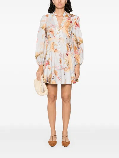 Zimmermann Ascension Light Blue Mini Dress With Flared Skirt And All-over Print In Linen Woman
