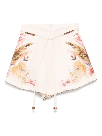 Zimmermann Ascension Belted Bead-embellished Floral-print Linen Shorts