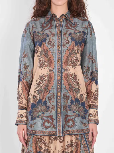 Zimmermann Womens Blue Cream Indienne Ascension Manstyle Graphic-pattern Silk Shirt In Green