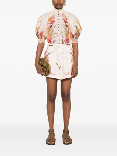 Zimmermann Ascension Belted Bead-embellished Floral-print Linen Shorts