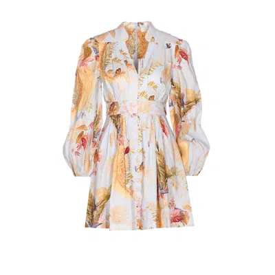 Zimmermann Ascension Light Blue Mini Dress With Flared Skirt And All-over Print In Linen Woman
