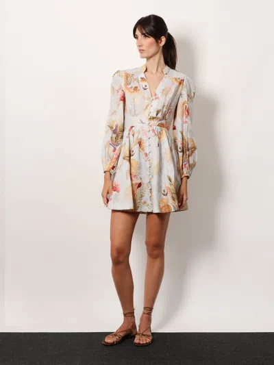 Zimmermann Ascension Light Blue Mini Dress With Flared Skirt And All-over Print In Linen Woman