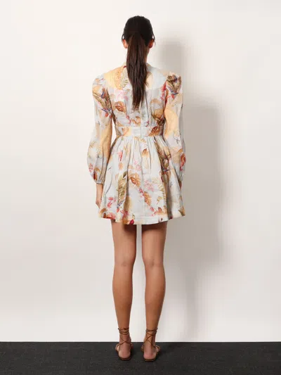 Zimmermann Ascension Light Blue Mini Dress With Flared Skirt And All-over Print In Linen Woman