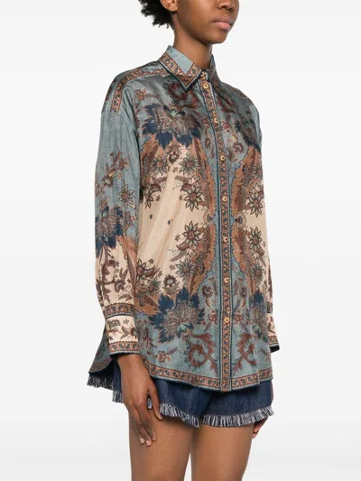 Zimmermann Womens Blue Cream Indienne Ascension Manstyle Graphic-pattern Silk Shirt In Green