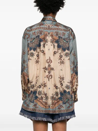 Zimmermann Womens Blue Cream Indienne Ascension Manstyle Graphic-pattern Silk Shirt In Green