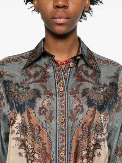 Zimmermann Womens Blue Cream Indienne Ascension Manstyle Graphic-pattern Silk Shirt In Green