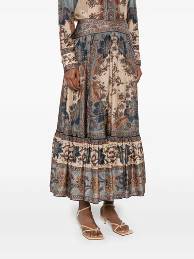Zimmermann Womens Blue Cream Indienne Ascension Tiered Silk Midi Skirt Xs