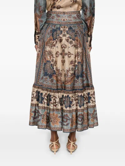 Zimmermann Womens Blue Cream Indienne Ascension Tiered Silk Midi Skirt Xs