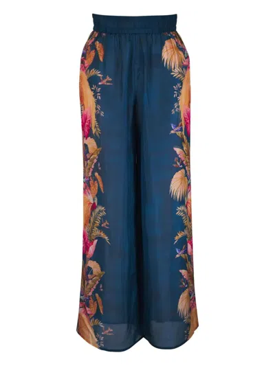 Zimmermann Womens Dark Blue Palm Floral Ascension Relaxed-fit Silk Trousers In Blue