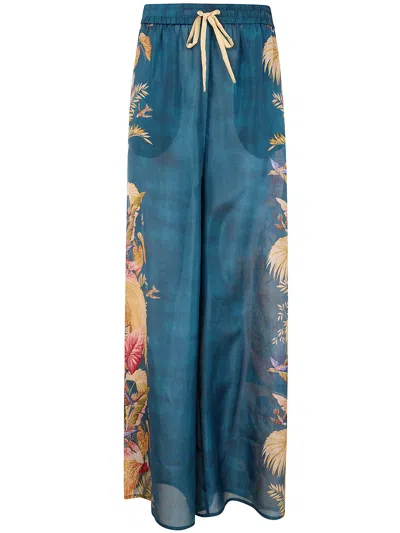 Zimmermann Womens Dark Blue Palm Floral Ascension Relaxed-fit Silk Trousers In Blue
