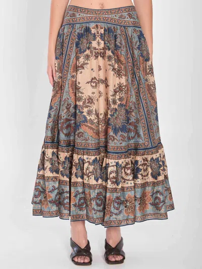 Zimmermann Womens Blue Cream Indienne Ascension Tiered Silk Midi Skirt Xs