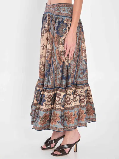 Zimmermann Womens Blue Cream Indienne Ascension Tiered Silk Midi Skirt Xs