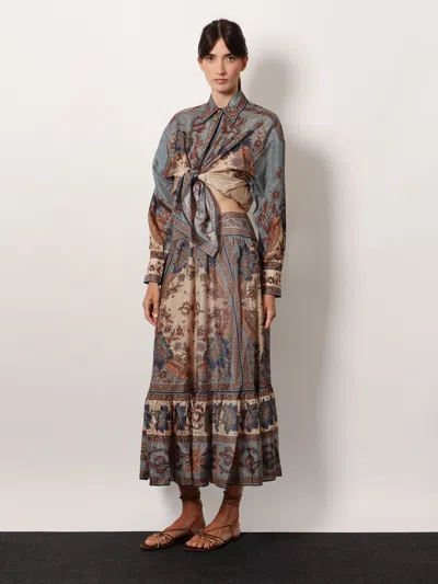 Zimmermann Womens Blue Cream Indienne Ascension Tiered Silk Midi Skirt Xs